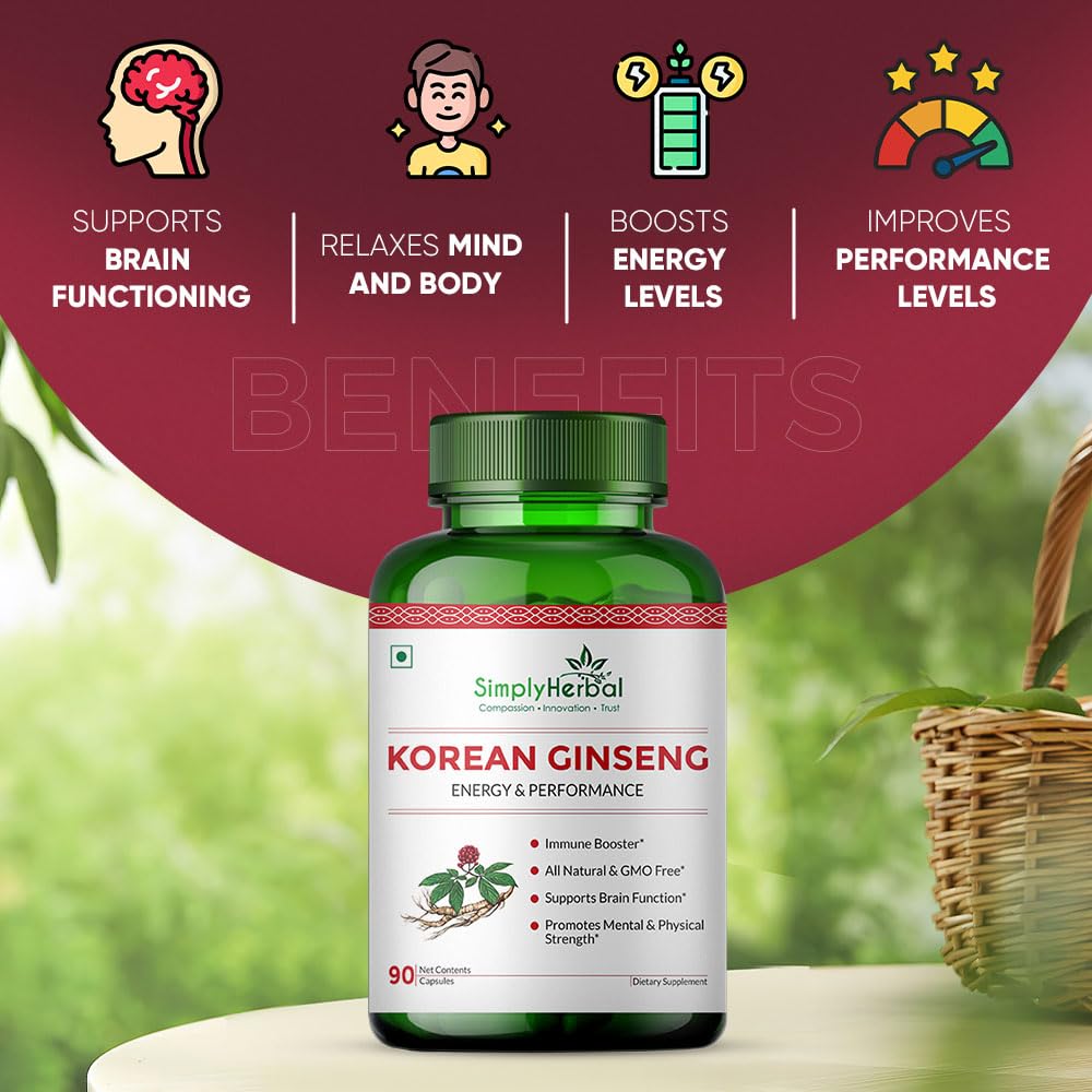 Simply Herbal Korean Red Ginseng 1000mg – 90 Veg Capsules | Energy, Vitality & Stamina Support | Herbal Adaptogen Supplement for Men & Women