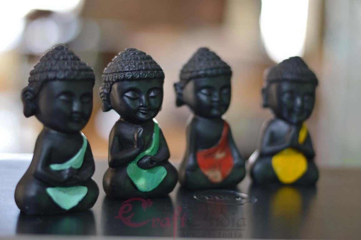 Polyester Blend Handcrafted Laughing Monk Idol (7.01 cm x 7.01 cm x 11.98 cm, Set of 4)