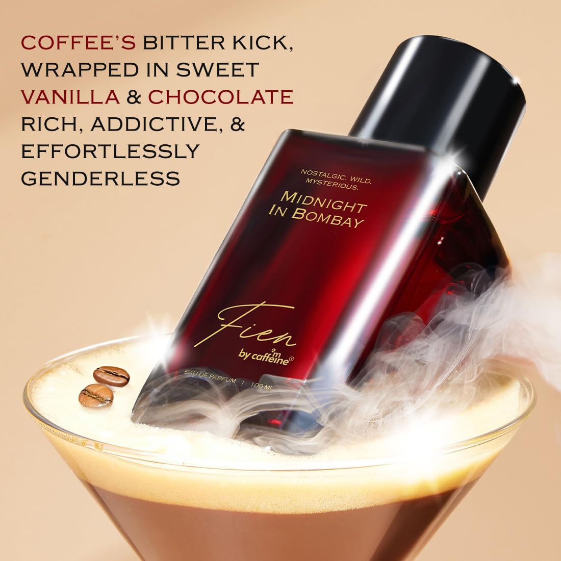 Perfume bottle labeled 'Midnight in Bombay' with coffee-themed text and imagery.