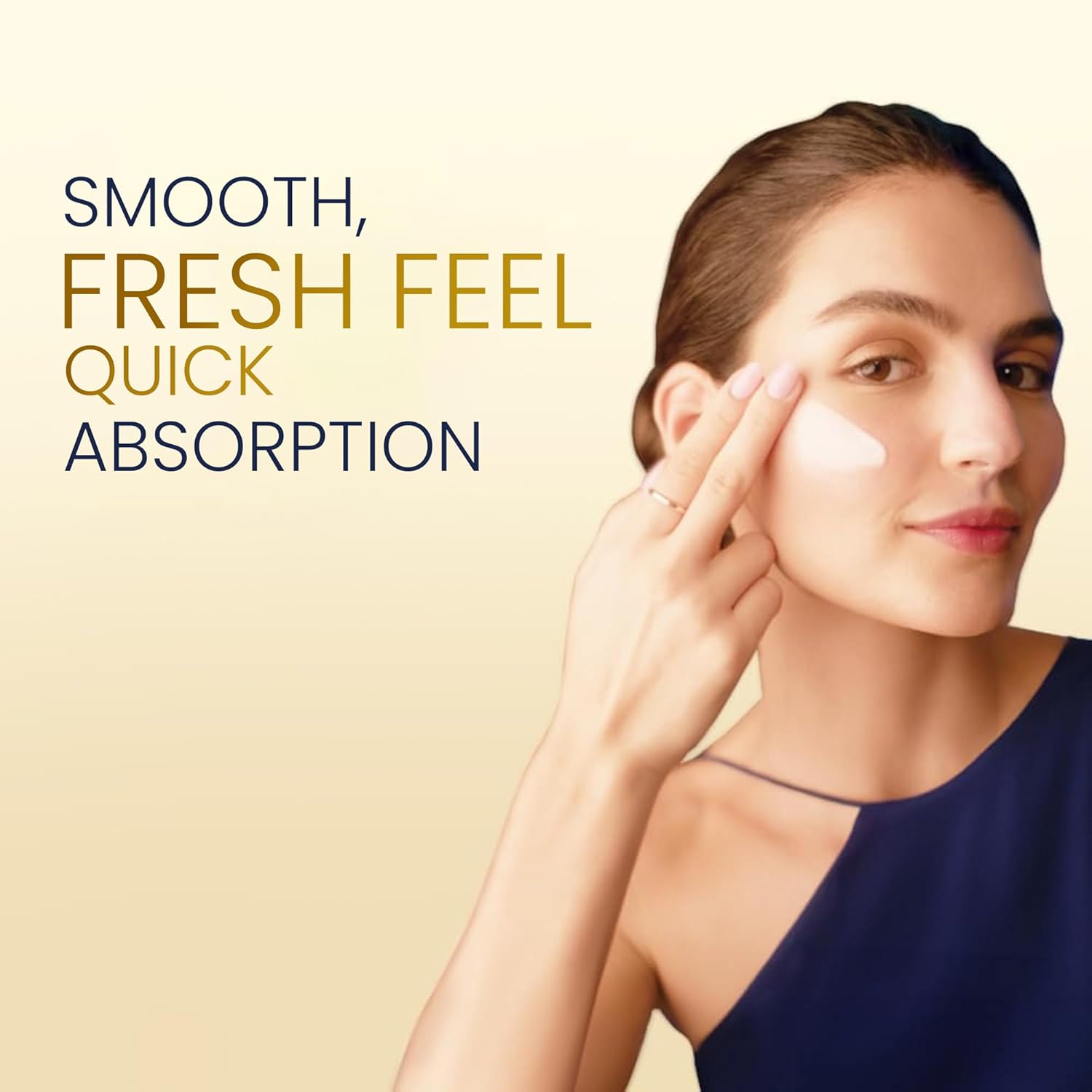 Woman applying cream to her face with text about product features on a beige background