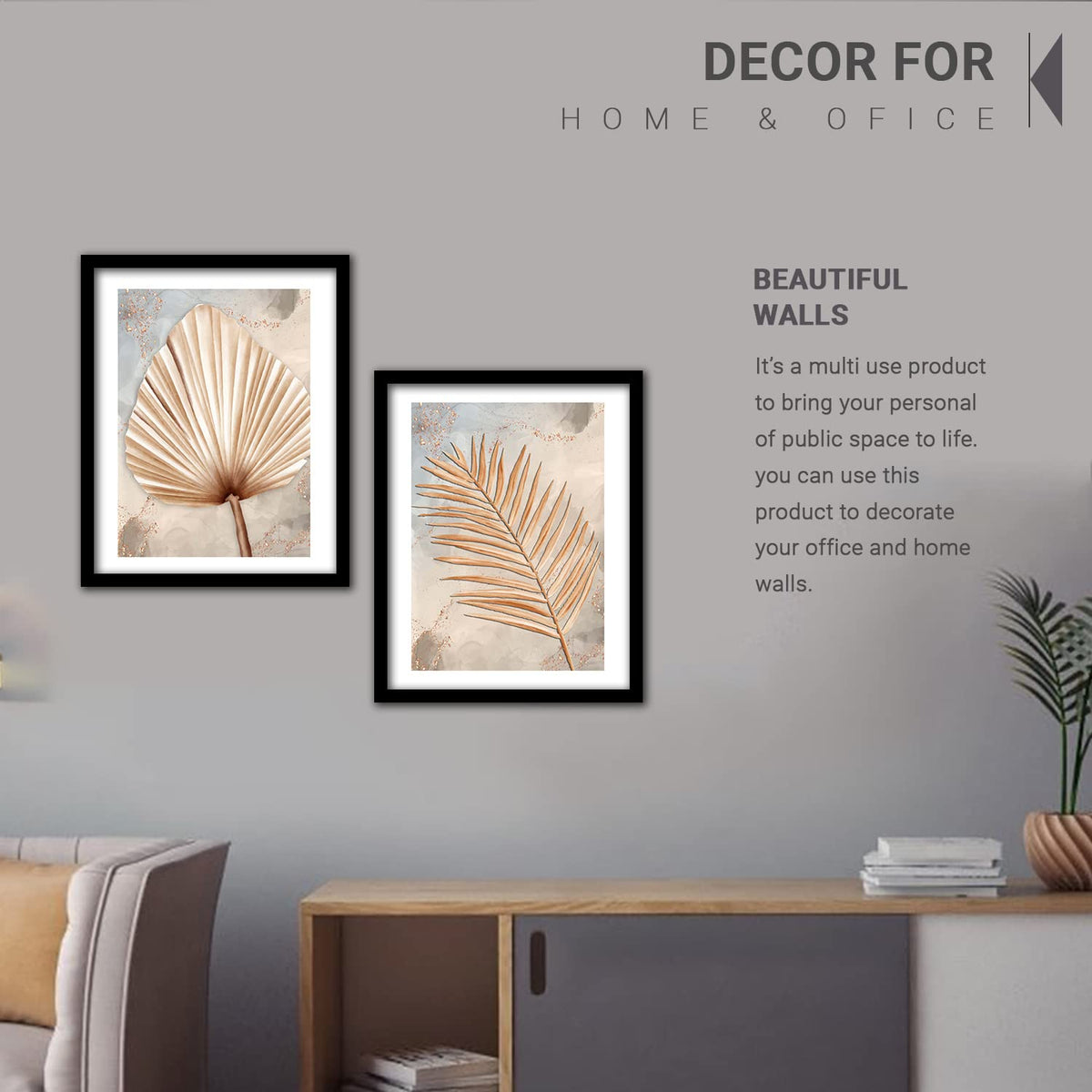 Golden Leaf Wall Decor Paintings for Home Office Living Room - Modern Art Wall Paintings with Frame Set of 2 (Art 5, 10x13 inch)