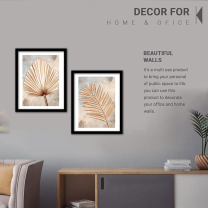 Golden Leaf Wall Decor Paintings for Home Office Living Room - Modern Art Wall Paintings with Frame Set of 2 (Art 5, 10x13 inch)