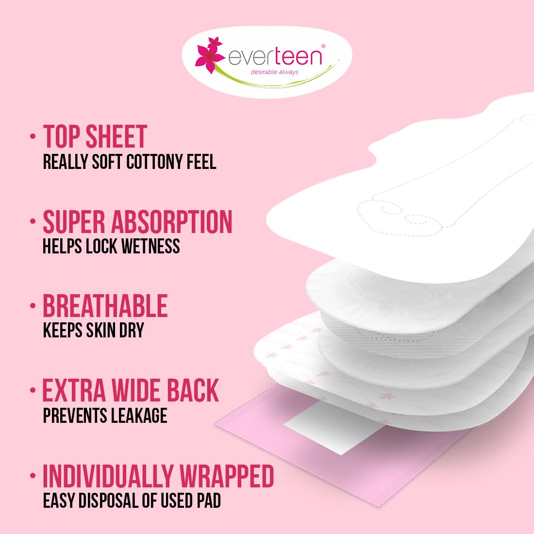 Stack of white pads with Everteen logo and product features on a pink background