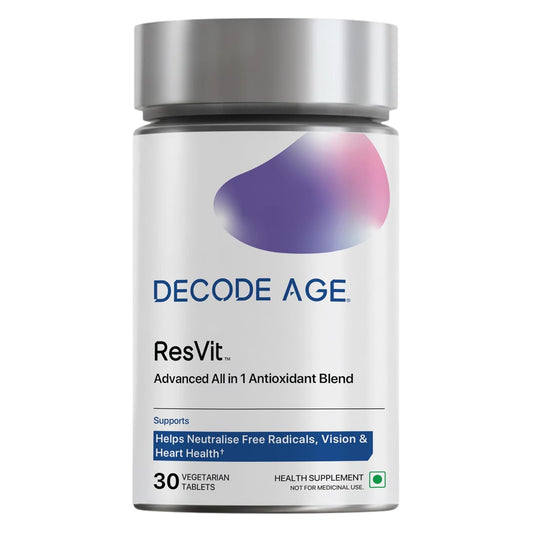 Supplement bottle labeled 'Decode Age ResVit' on a white background