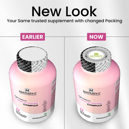 Comparison of Naturez Glutathione Complex supplement packaging before and after a change.