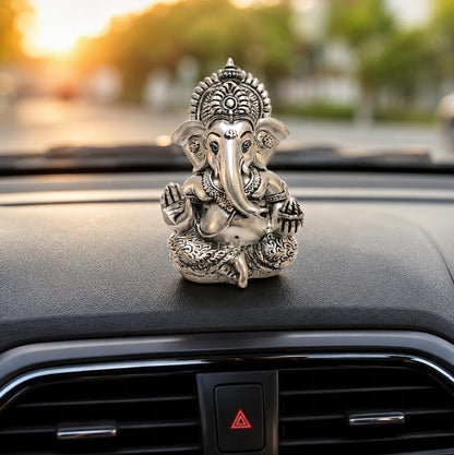 Gold Art India Lord Ganesha 999 Silver Plated Idol | Antique Matte Finish | Premium Velvet Gift Box | Ganesh Murti for Car Dashboard, Home Temple, Office Desk | Luxury Spiritual Gift for Housewarming