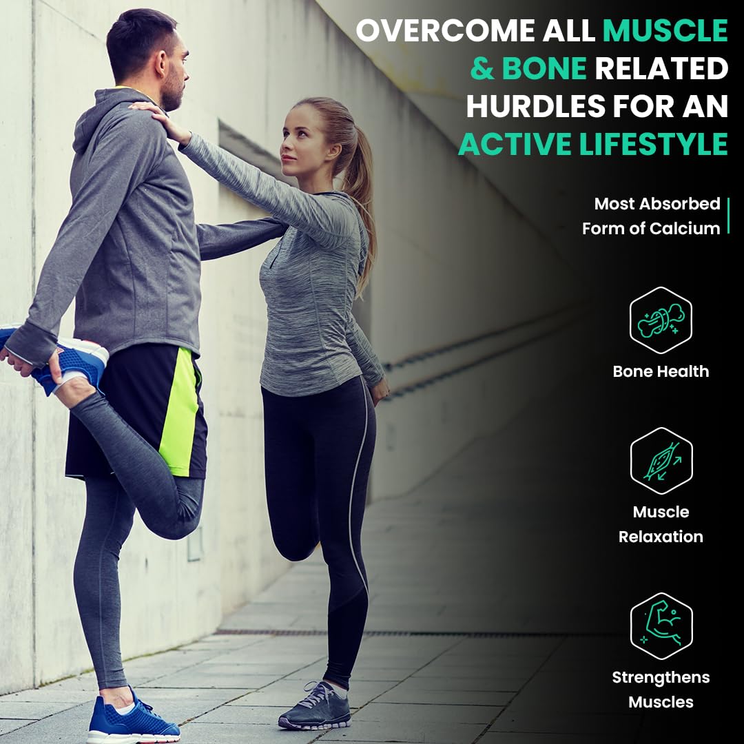 Two people stretching outdoors with promotional text about calcium benefits for health.