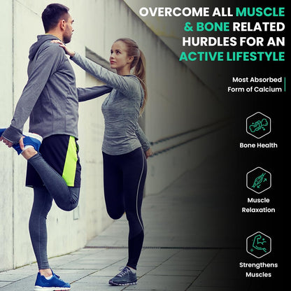 Two people stretching outdoors with promotional text about calcium benefits for health.