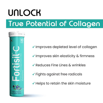 Fortisil-C supplement tube with benefits listed on a white background