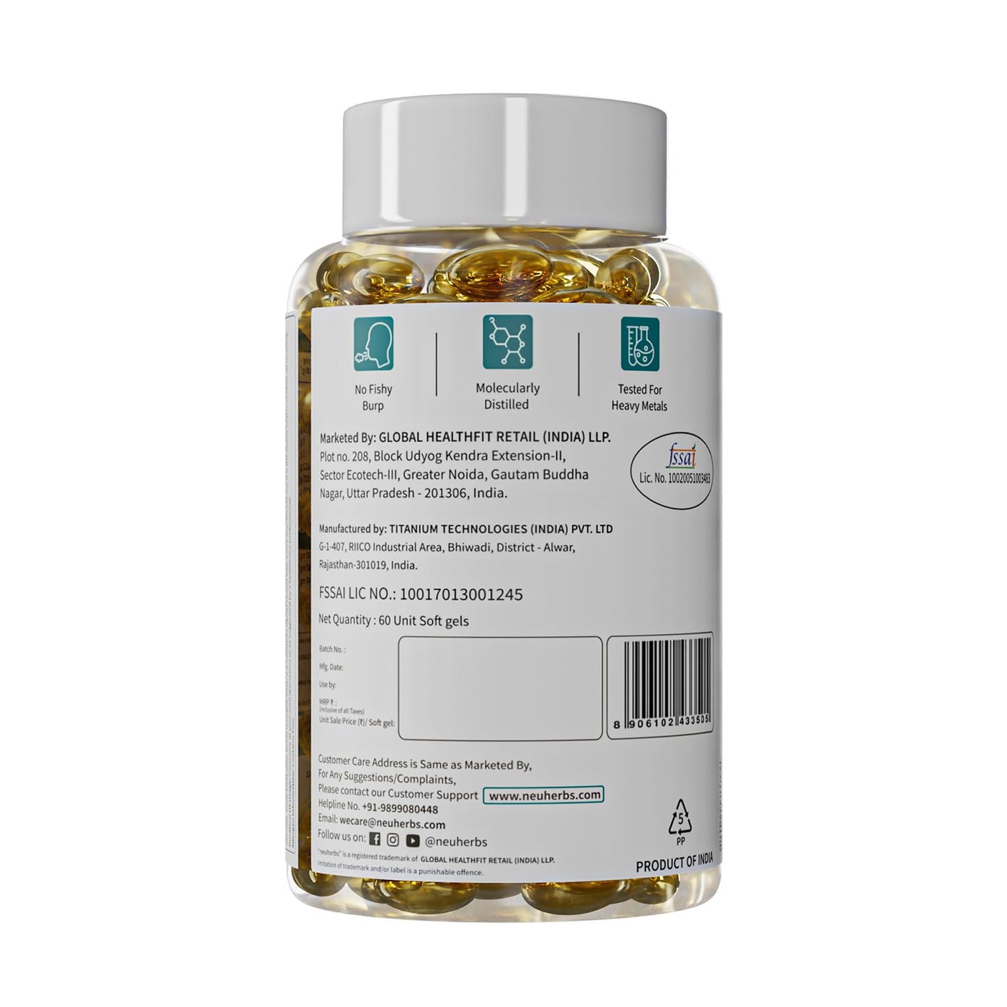 Neuherbs Mini Deep Sea Omega 3 Fish Oil Capsules 1000mg Supplement | EPA - 360mg, DHA - 240mg | With Vitamin E & D3 | Suppots Heart, Brain, Muscle & Joint Health| Lemon Flavour - 60 Softgels