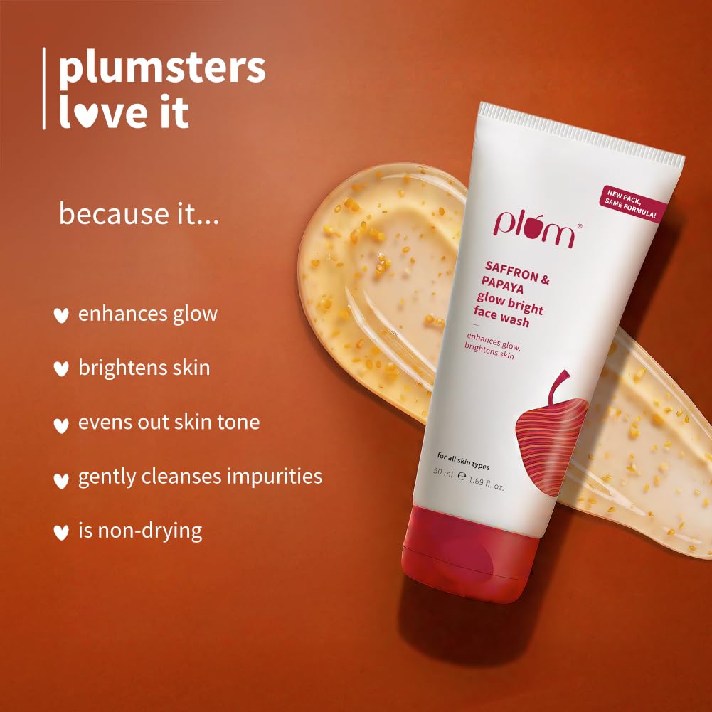 Plum Saffron & Papaya Glow Bright Face Wash | Enhances Glow & Brightens Skin | With Vitamin B5 | Fights Dull Skin | Non-Drying, Gel-Based, Sulphate-Free Face Wash | For All Skin Types | 100% Vegan | 50ml