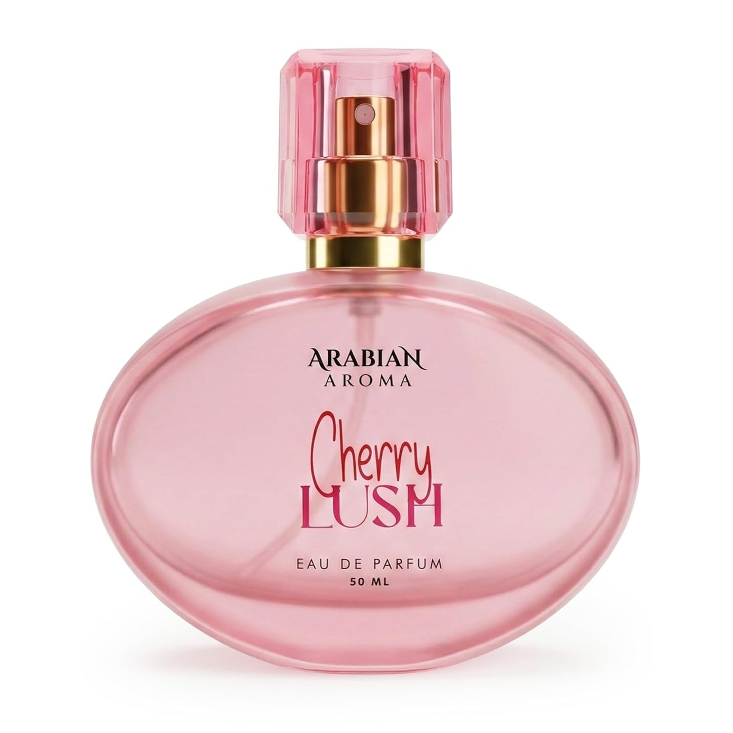 Pink perfume bottle labeled 'Cherry Lush' by Arabian Aroma on a white background