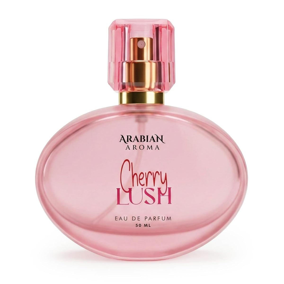 Pink perfume bottle labeled 'Cherry Lush' by Arabian Aroma on a white background