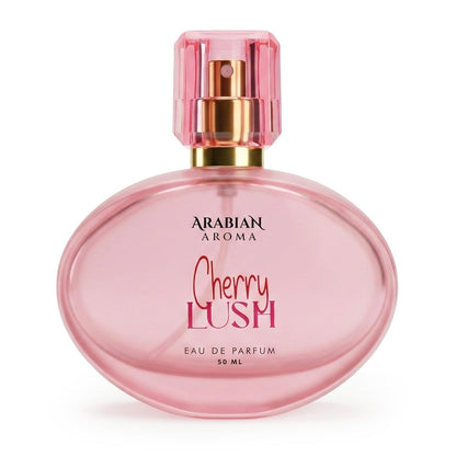 Pink perfume bottle labeled 'Cherry Lush' by Arabian Aroma on a white background