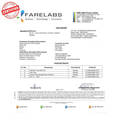 Farelabs test report for a lip balm with certification logo at the top.