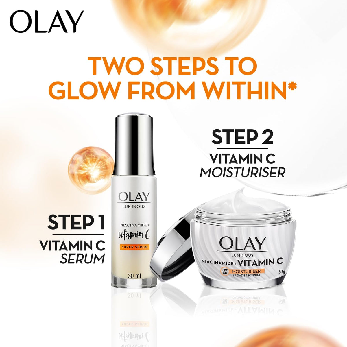 Olay skincare products with serum and moisturizer on a white background