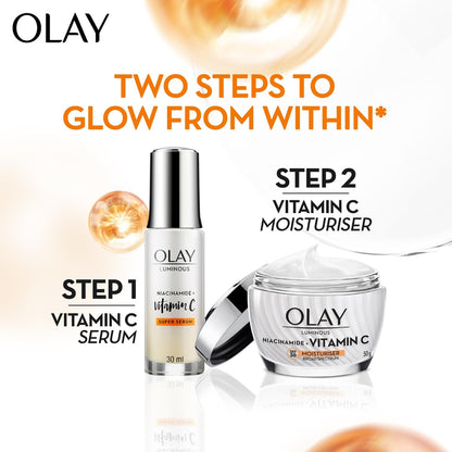 Olay skincare products with serum and moisturizer on a white background