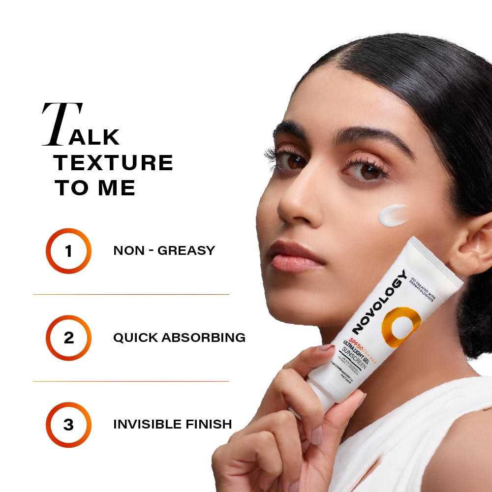 Woman applying Novology skincare product with text highlighting features on a white background