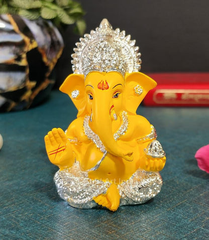 Gold Art India 999 Silver Plated Ganesh Idol for Car Dashboard God Ganesha Idol for Home Decor Ganpati for Gift Office Table Shelves Gifting Idol 3.5 inches Silver Mango, Idol