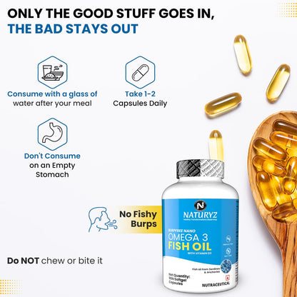 Naturyz Omega 3 Fish Oil bottle with usage instructions on a white background