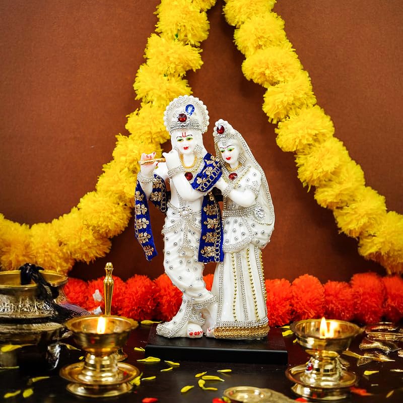 Aura Series Marble Dust Radha Krishna Murti (8 inch, Medium Size) | Gemstone Zircon Studded Radha Krishna Statue | Resin Radha Krishna Idol | Radhe Krishna ki Murti for Pooja, White, Religious