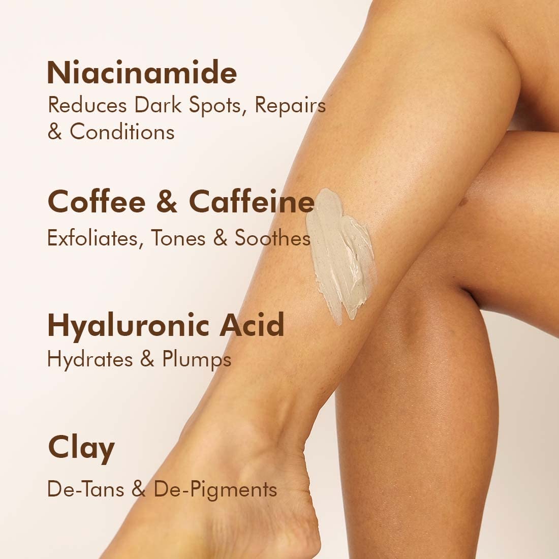 Leg with skincare product application and text about ingredients on a beige background