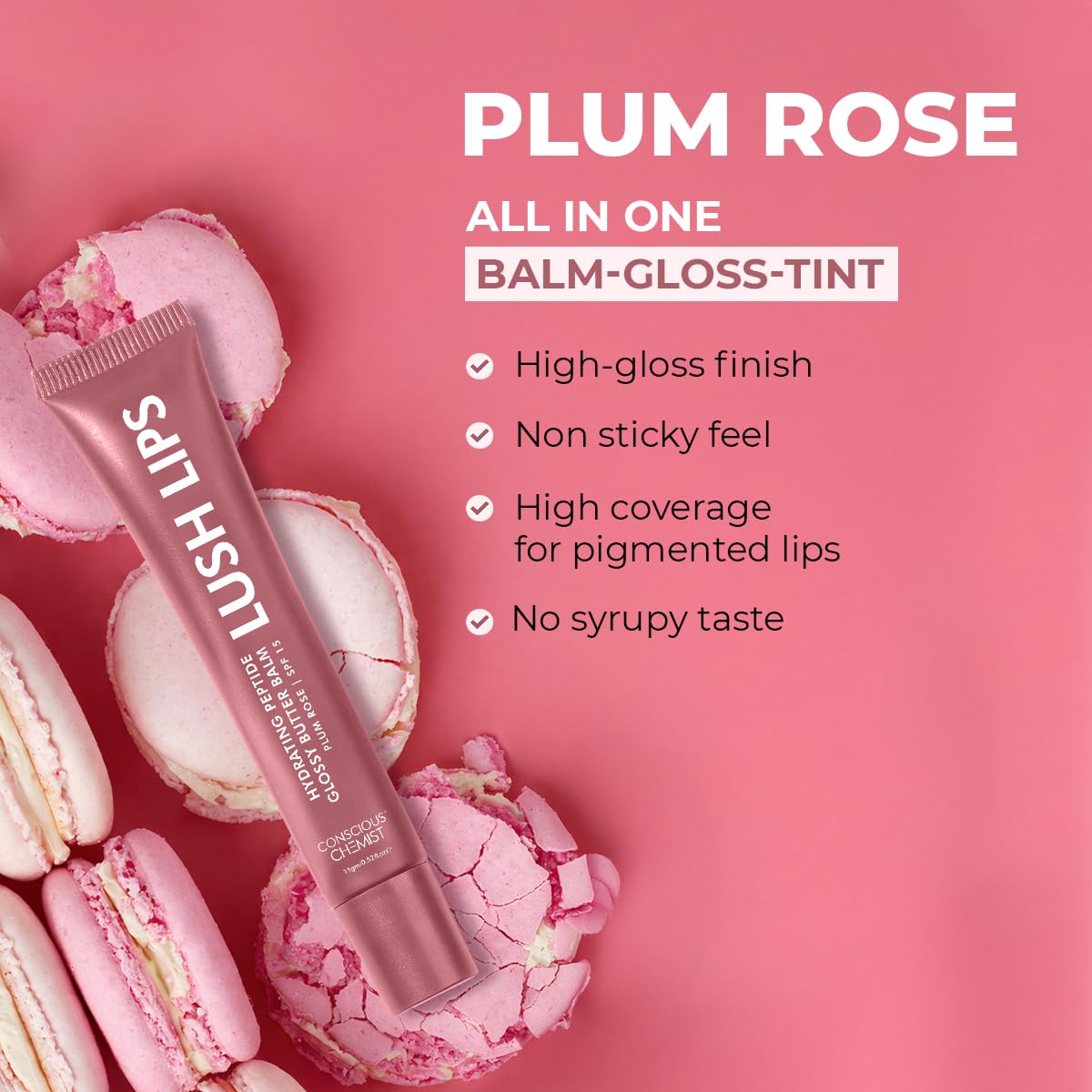 Lush Lips plum rose lip balm-gloss-tint with pink macarons on a pink background