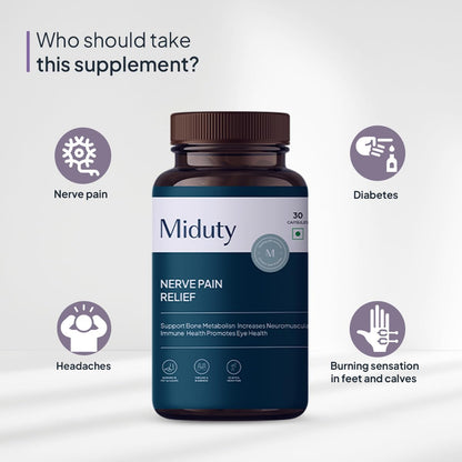 Zephivo Miduty by Palak Notes Nerve Pain Relief Nerve Damage for Nerve Blocks, Acetyl L-Carnitine, R-Lipoic Acid, Horse Chestnut, Combats Sciatica Pain & Tingling Sensation, Nerve Pain Relief Pack - 30 Caps