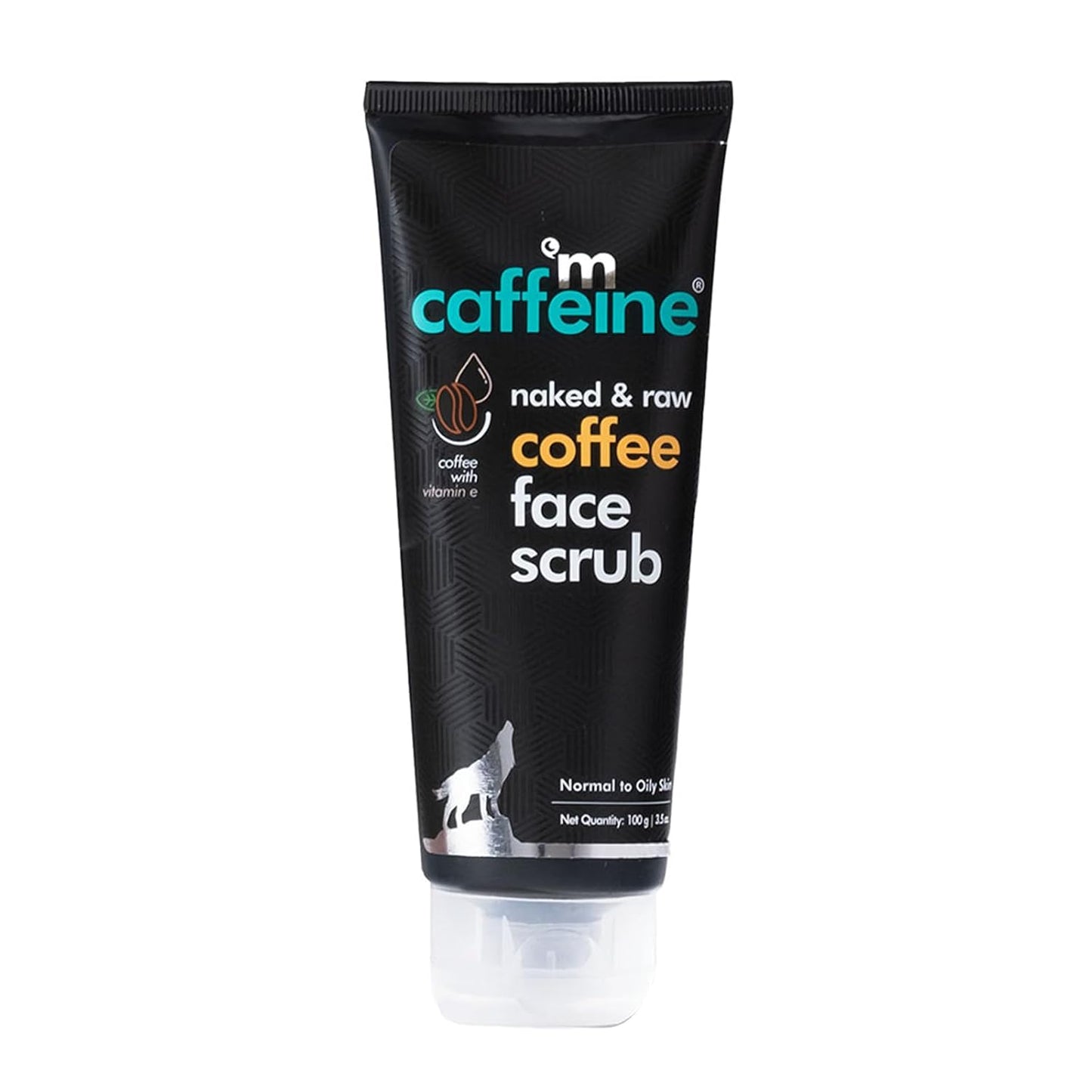Tube of caffeine coffee face scrub on a white background