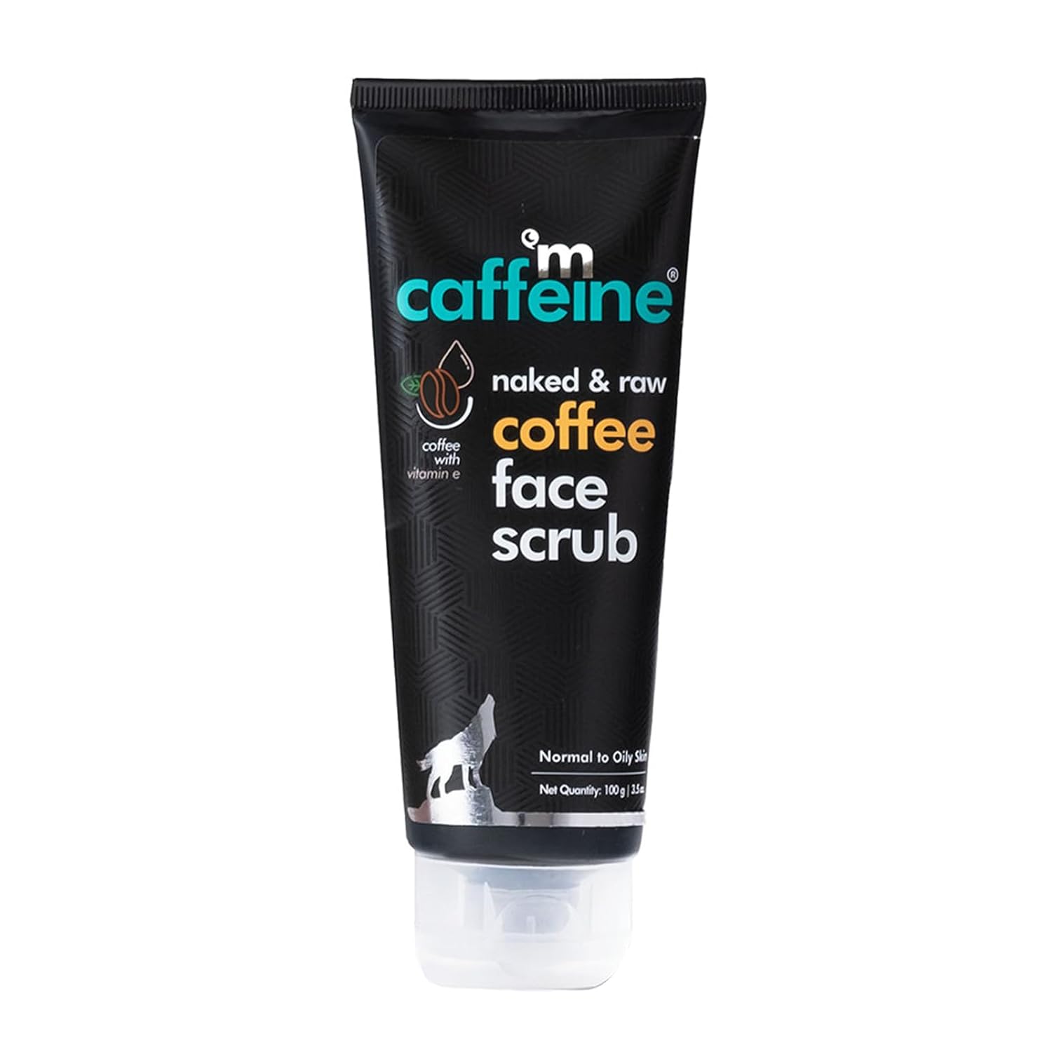 Tube of caffeine coffee face scrub on a white background