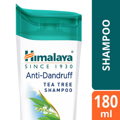 Himalaya Anti-Dandruff Tea Tree Shampoo bottle with green cap and label details.