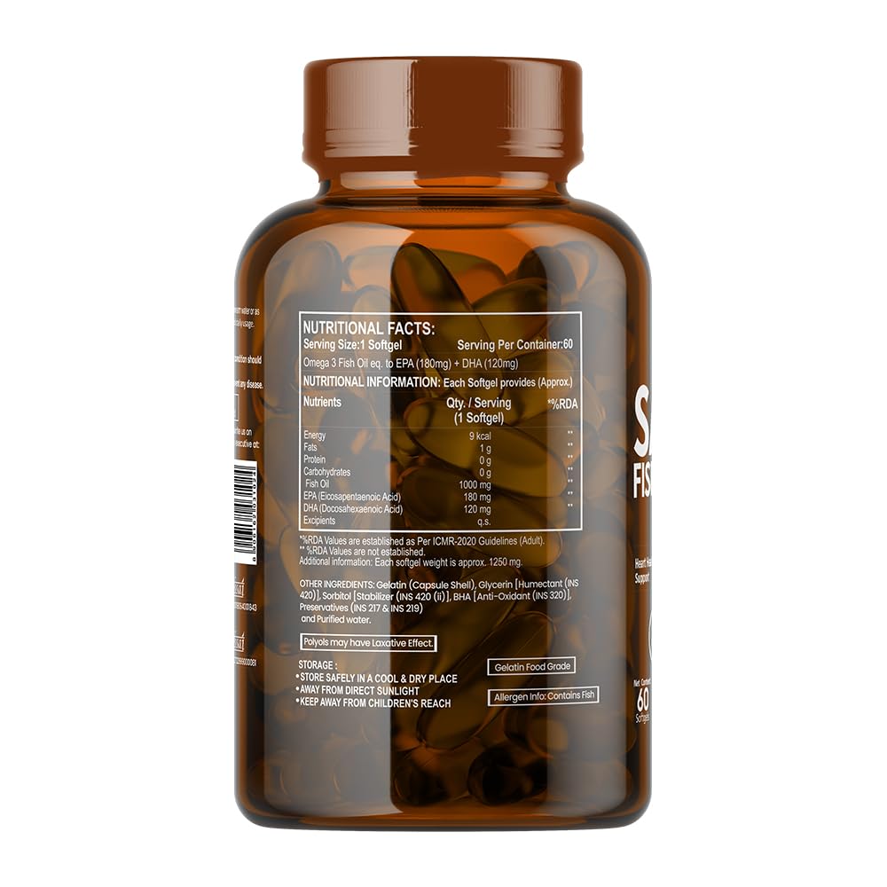 Nutrafirst Salmon Fish Oil Omega-3 Capsules (60 Softgels) (1000mg) | EPA 180mg & DHA 120mg | Supports Heart, Brain, Eye & Joint Health | No Fishy Burps | For Men & Women