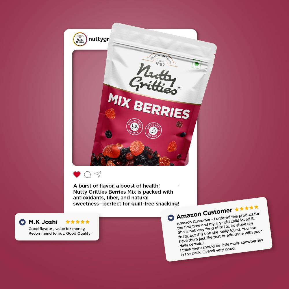 Nutty Gritties Premium Mix Berries 200g | Dried Cranberries, Blueberries, Strawberries & Black Currants | Antioxidant-Rich | Healthy Snack for Kids & Adults | Resealable Pouch