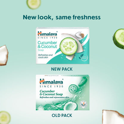Himalaya Cucumber & Coconut soap packaging with text 'New look, same freshness' on a light blue background.