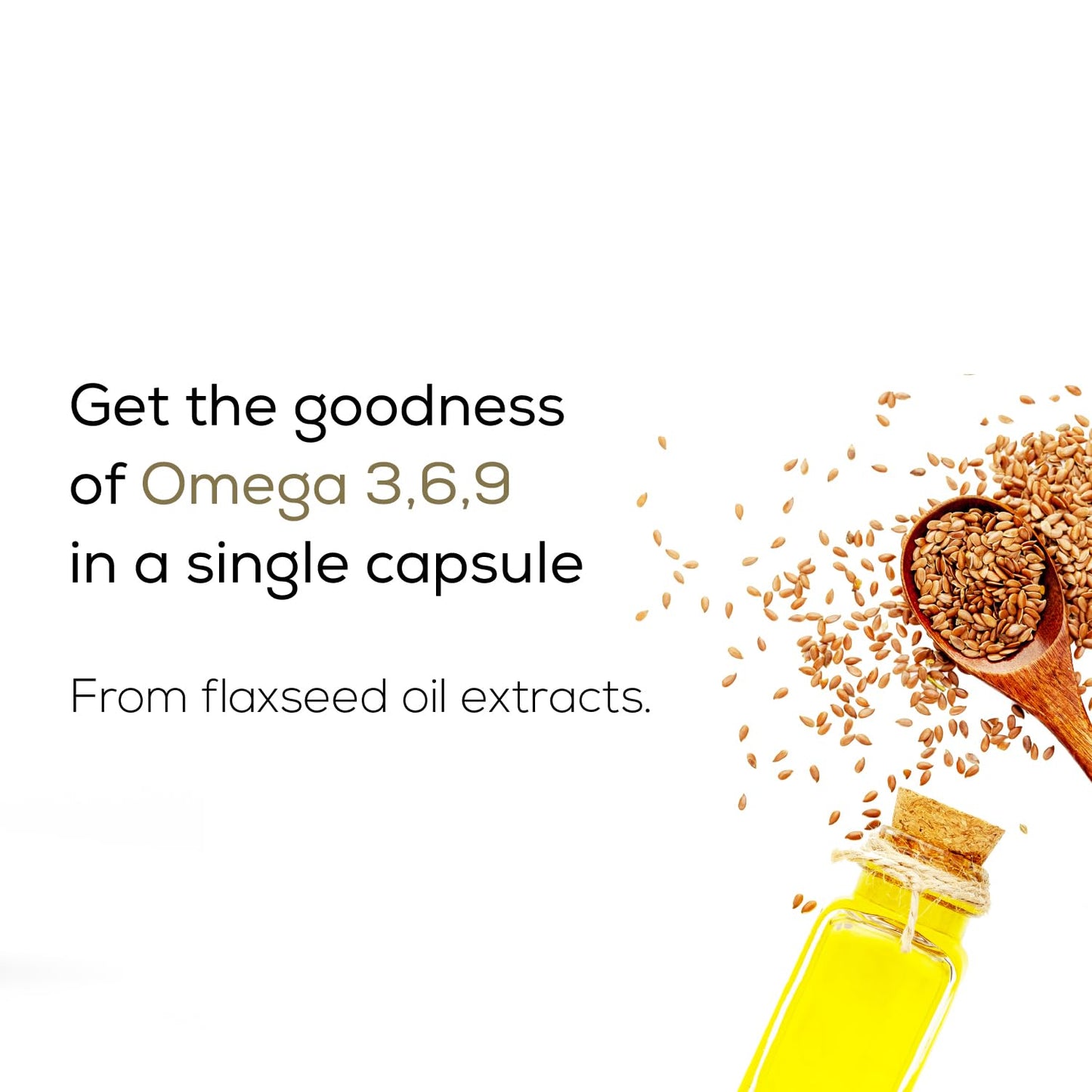 Advertisement for flaxseed oil extracts with a bottle, seeds, and text on a white background