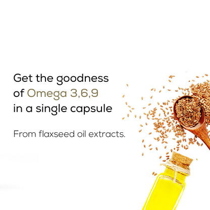 Advertisement for flaxseed oil extracts with a bottle, seeds, and text on a white background