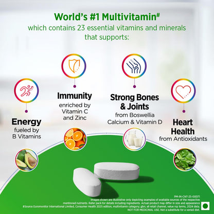 Multivitamin product with health benefits and ingredients on a white background