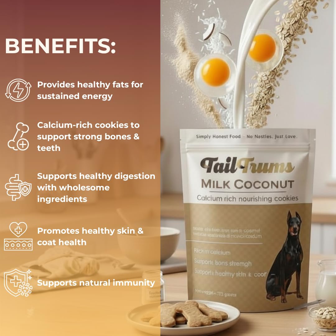 TailTrums Dog Biscuits – Milk & Coconut Cookies with Calcium 750g | Healthy Dog Food | All Breeds |
