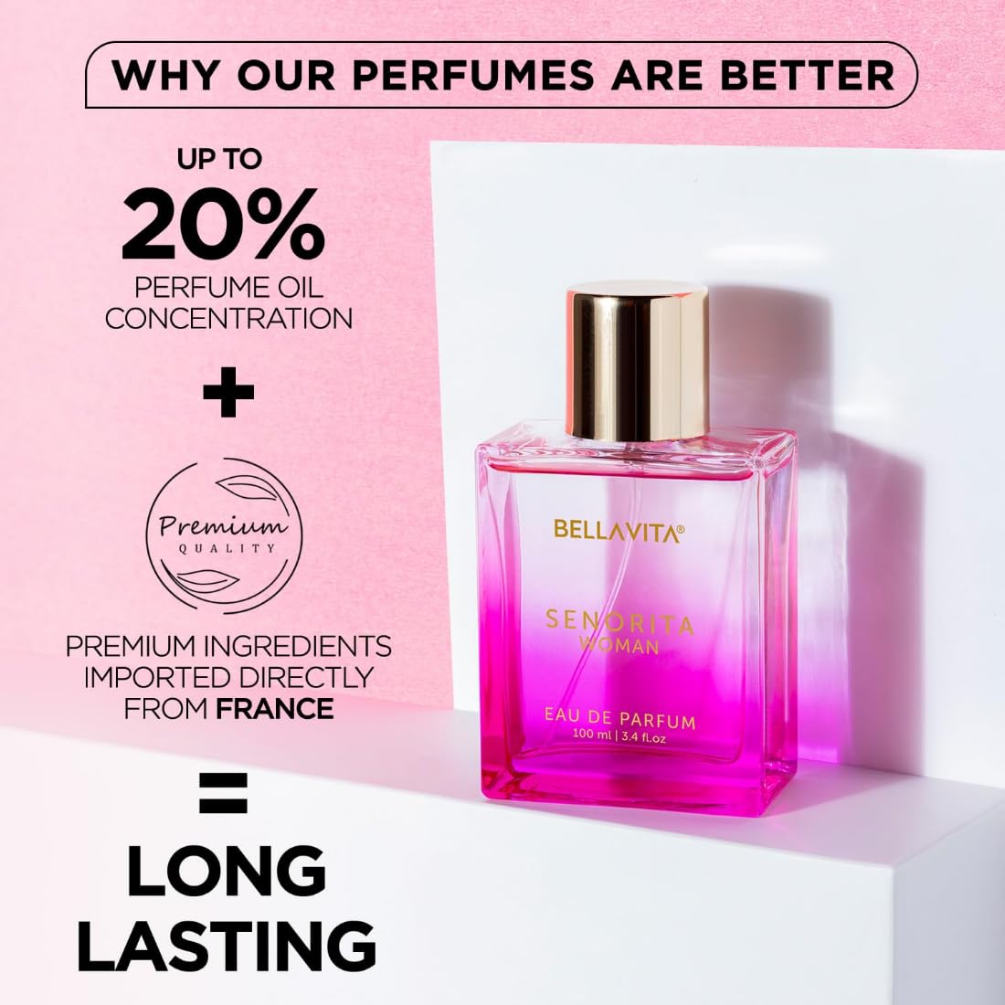Bellavita perfume bottle with promotional text on a pink background
