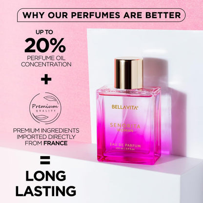 Bellavita perfume bottle with promotional text on a pink background