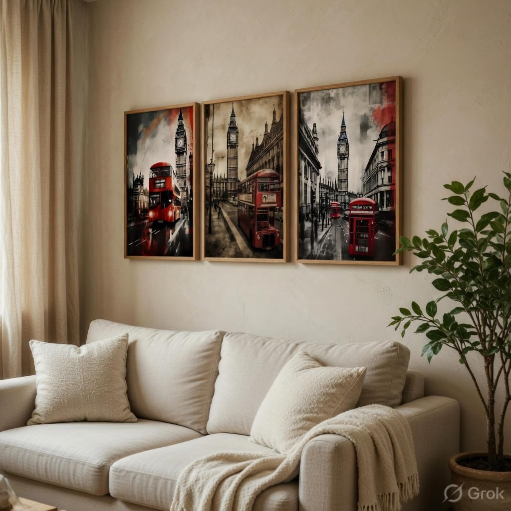 London City Wall Painting Set of 3 with Wooden Frames | Big Ben & Red Bus London Street Artwork HD Sparkle Laminated MDF Wall Decor | Modern Travel Wall Art for Living Room