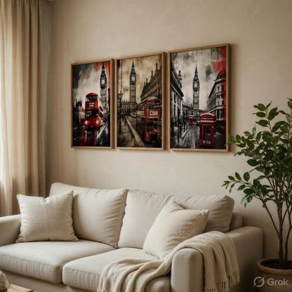 London City Wall Painting Set of 3 with Wooden Frames | Big Ben & Red Bus London Street Artwork HD Sparkle Laminated MDF Wall Decor | Modern Travel Wall Art for Living Room