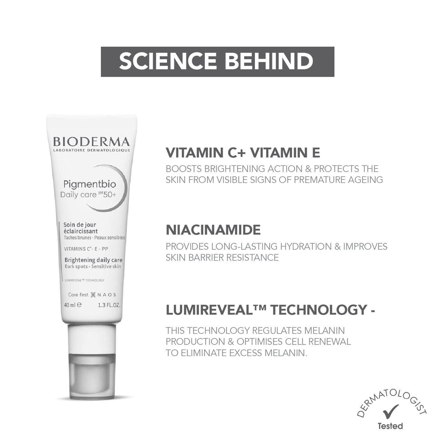 Bioderma skincare product with text detailing ingredients and benefits on a white background