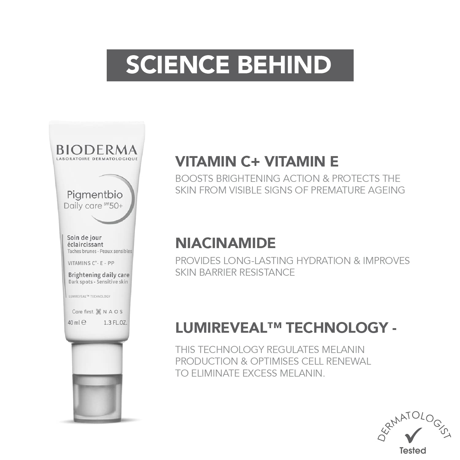 Bioderma skincare product with text detailing ingredients and benefits on a white background
