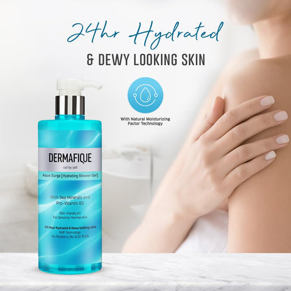 Dermafique Aqua Surge Shower Gel 500ml | 24 hr hydration, No Paraben/SLS, Pro Vitamin B5 & NMF | Sensitive, Dry, Oily, Normal Skin | Clinically & Dermat Tested on Indian skin | Body Wash for Women & Men