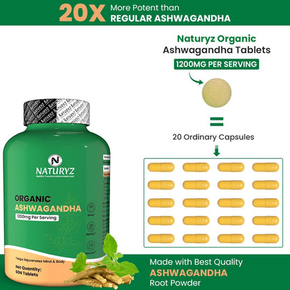 NATURYZ Organic Ashwagandha 1200mg Tablets | Stress Relief, Energy, Immunity & Muscle Recovery Support | For Men & Women | Vegan, Non-GMO, Gluten-Free | USDA Organic | 60 Veg Tablets