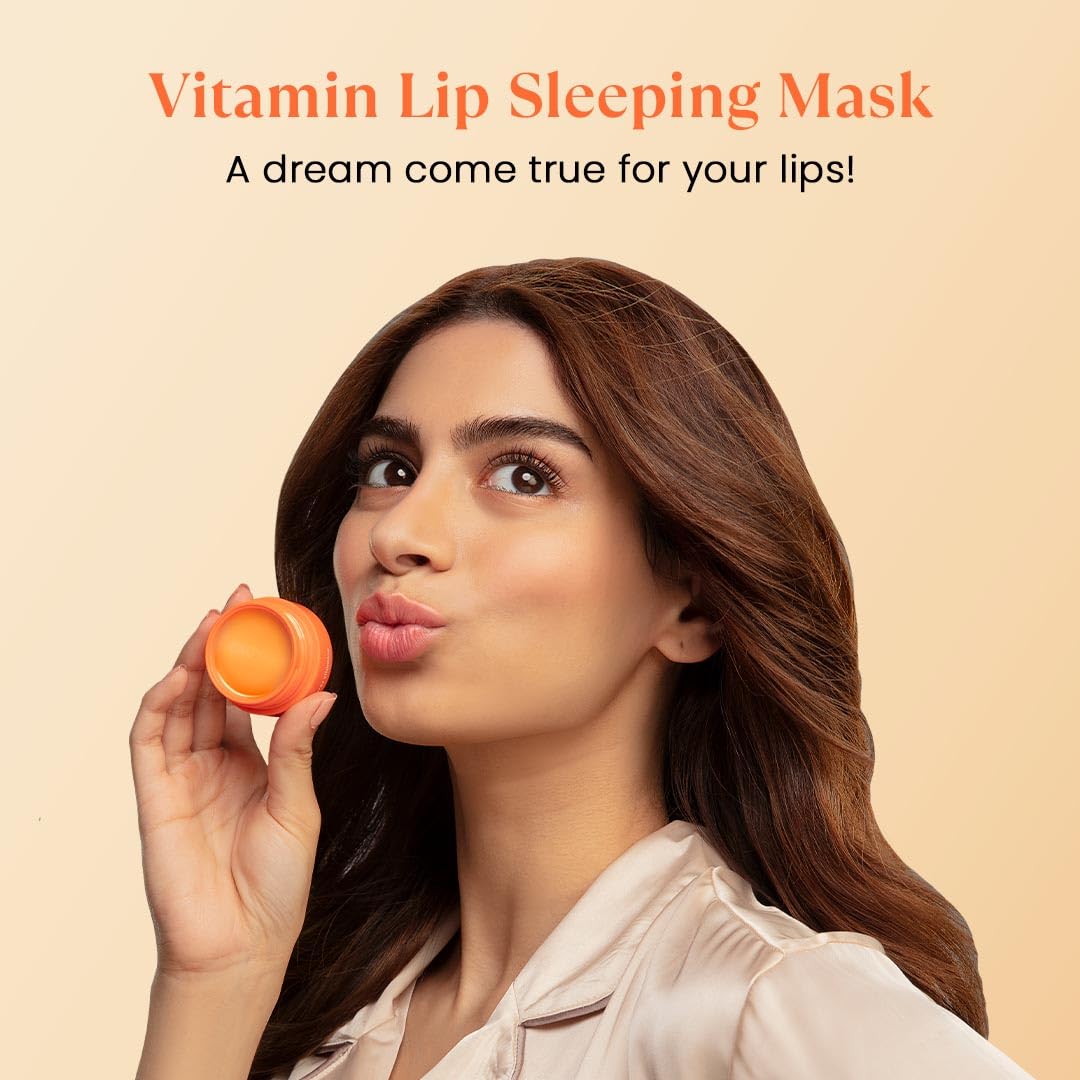 Woman holding a vitamin lip sleeping mask with text on a beige background