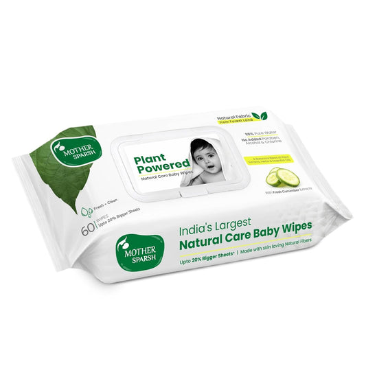 Mother Sparsh Natural Care Baby Wipes I 100% Plant Made Fabric From Forest Land, Fresh + Cleanse (with Cucumber) Plant Powered Wet Wipes For Baby I Cotton Cloth Like Bigger Sheets | 60 Pcs