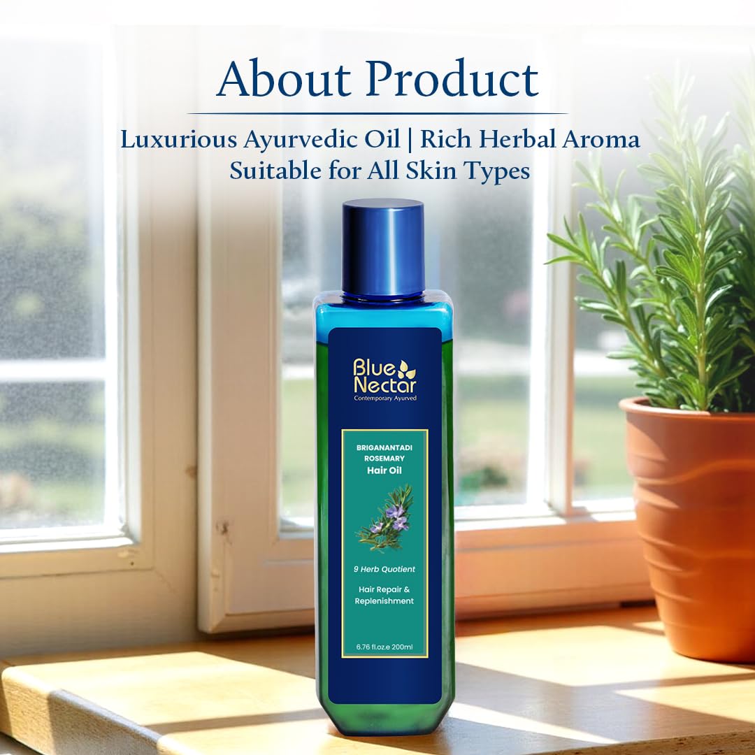 Blue Nectar 10% Rosemary Oil for Hair Growth & Hairfall Control | Deep Repair & Nourishment with Bhringraj & Amla Oil | Ayurvedic Oil for Dry, Frizzy & Damaged Hair (9 Herbs, 100 ml)