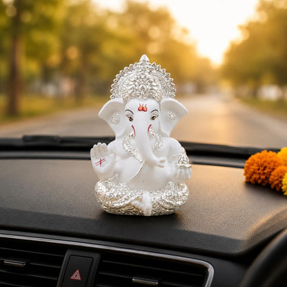 Gold Art India Ganesha Idol 999 Silver Plated White Finish Lord Ganesh Murti for Home Decor, Car Dashboard, Mandir & Office | Premium Ganesh Statue for Diwali, Wedding & Spiritual Gift | 3.5 Inch